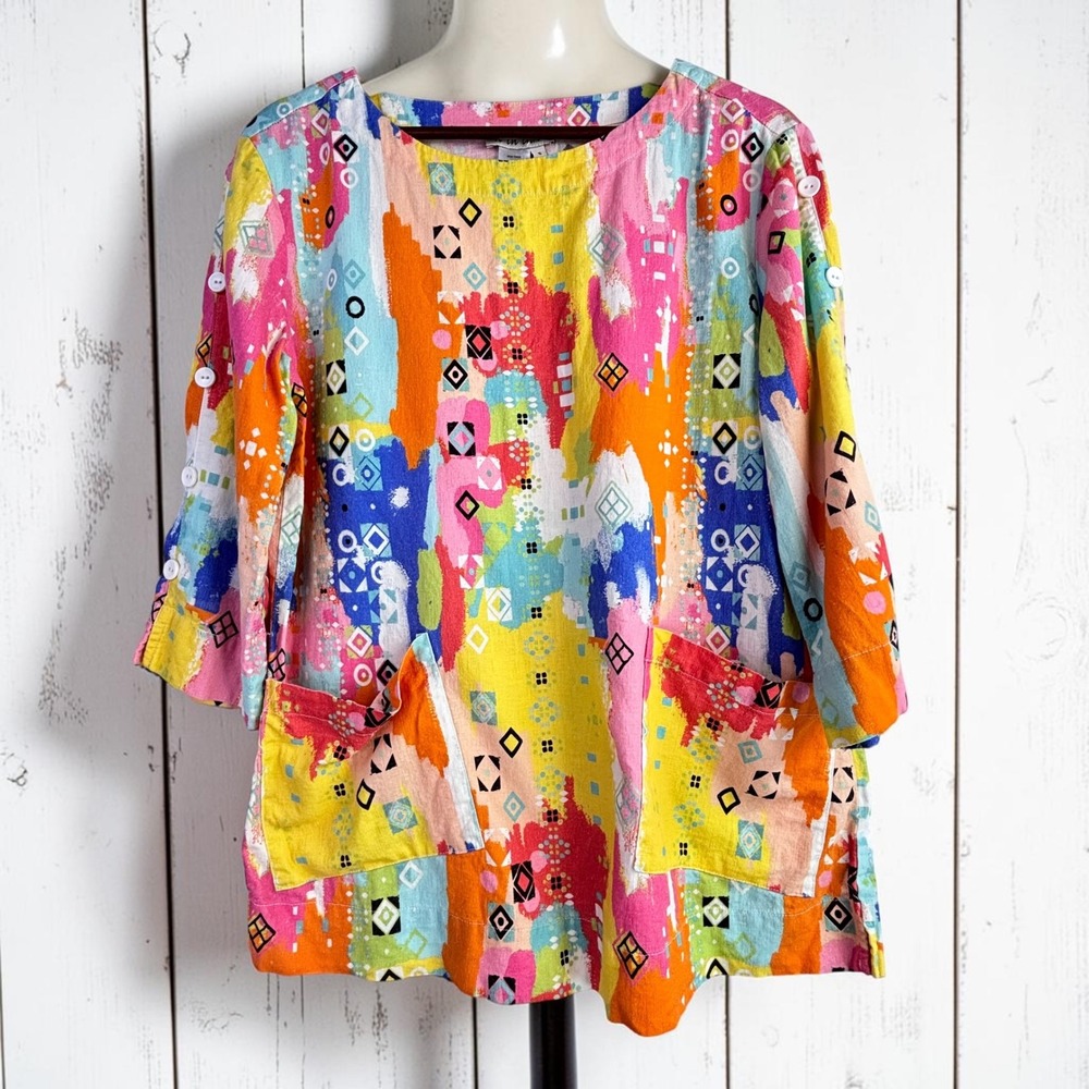 Artsy Vintage 80s/90s Top S Abstract Geometric Linen Blend Bright Dopamine Artsy